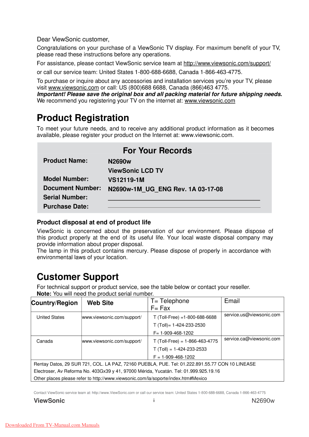 ViewSonic N2690w warranty Product Registration, Customer Support, Country/Region Web Site 