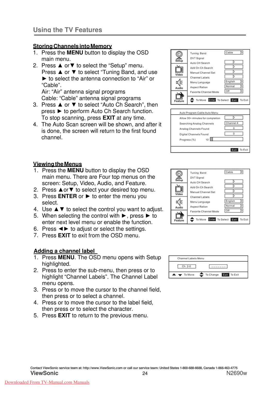 ViewSonic N2690w warranty StoringChannelsintoMemory, ViewingtheMenus, Adding a channel label 