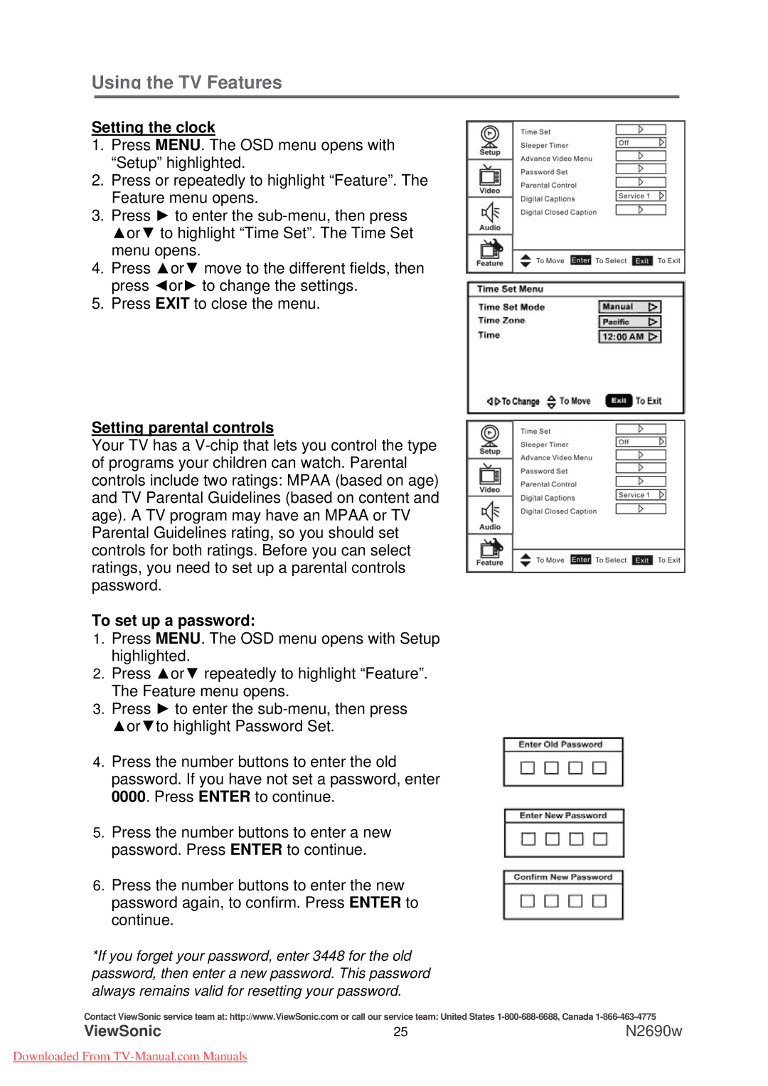 ViewSonic N2690w warranty Setting the clock, Setting parental controls, To set up a password 