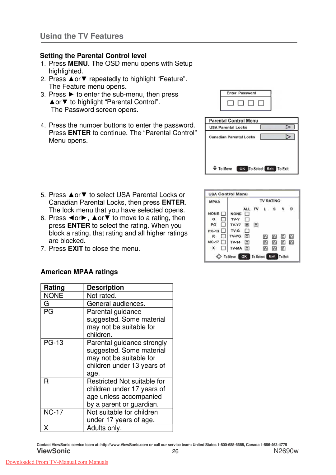 ViewSonic N2690w warranty Setting the Parental Control level, American Mpaa ratings, Rating Description 