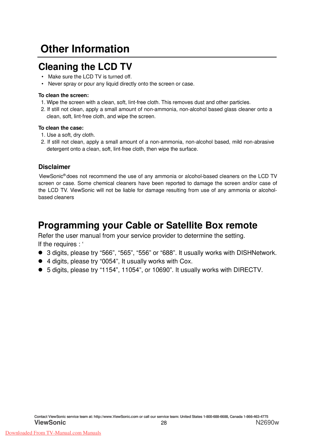 ViewSonic N2690w warranty Cleaning the LCD TV, Programming your Cable or Satellite Box remote, Disclaimer 