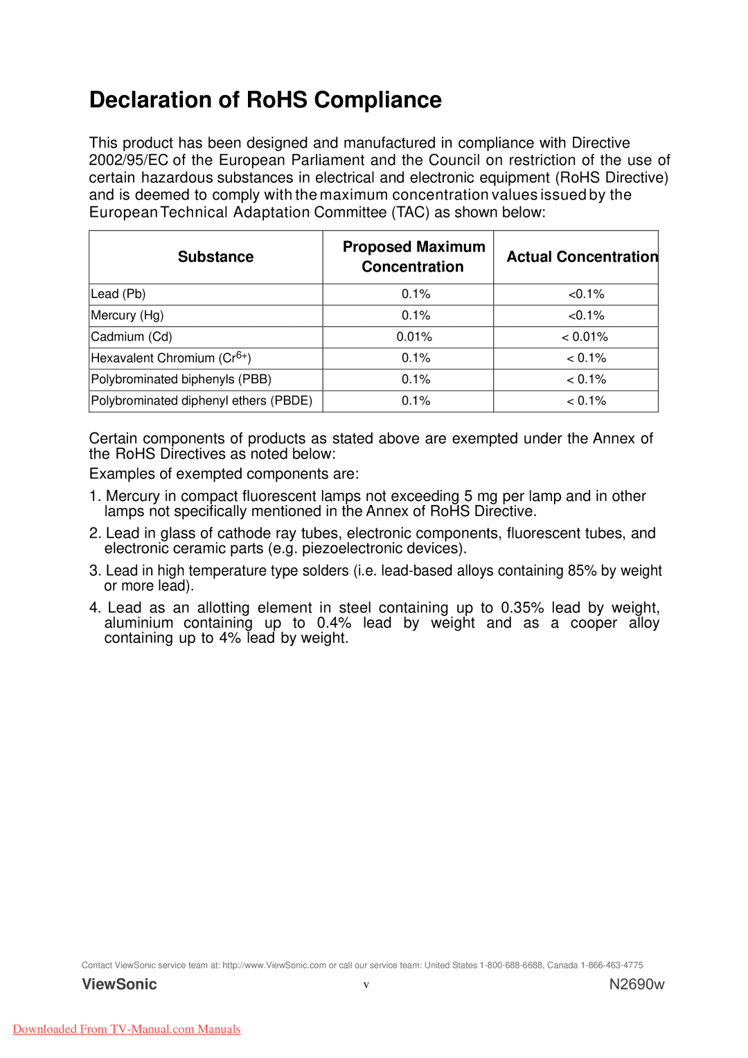 ViewSonic N2690w warranty Declaration of RoHS Compliance, Substance Proposed Maximum Actual Concentration 