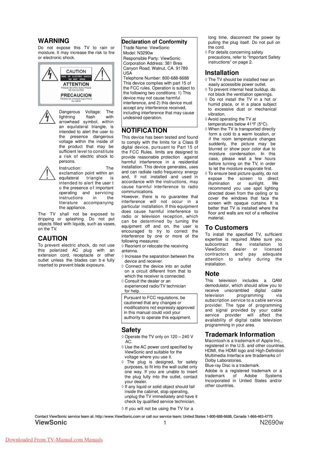 ViewSonic N2690w warranty Notification, Safety, Installation, To Customers, Trademark Information 