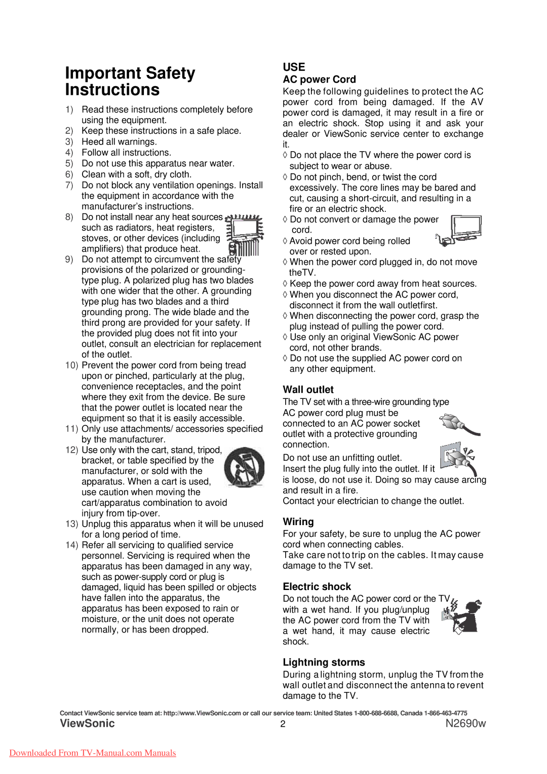 ViewSonic N2690w warranty Important Safety Instructions, Use 