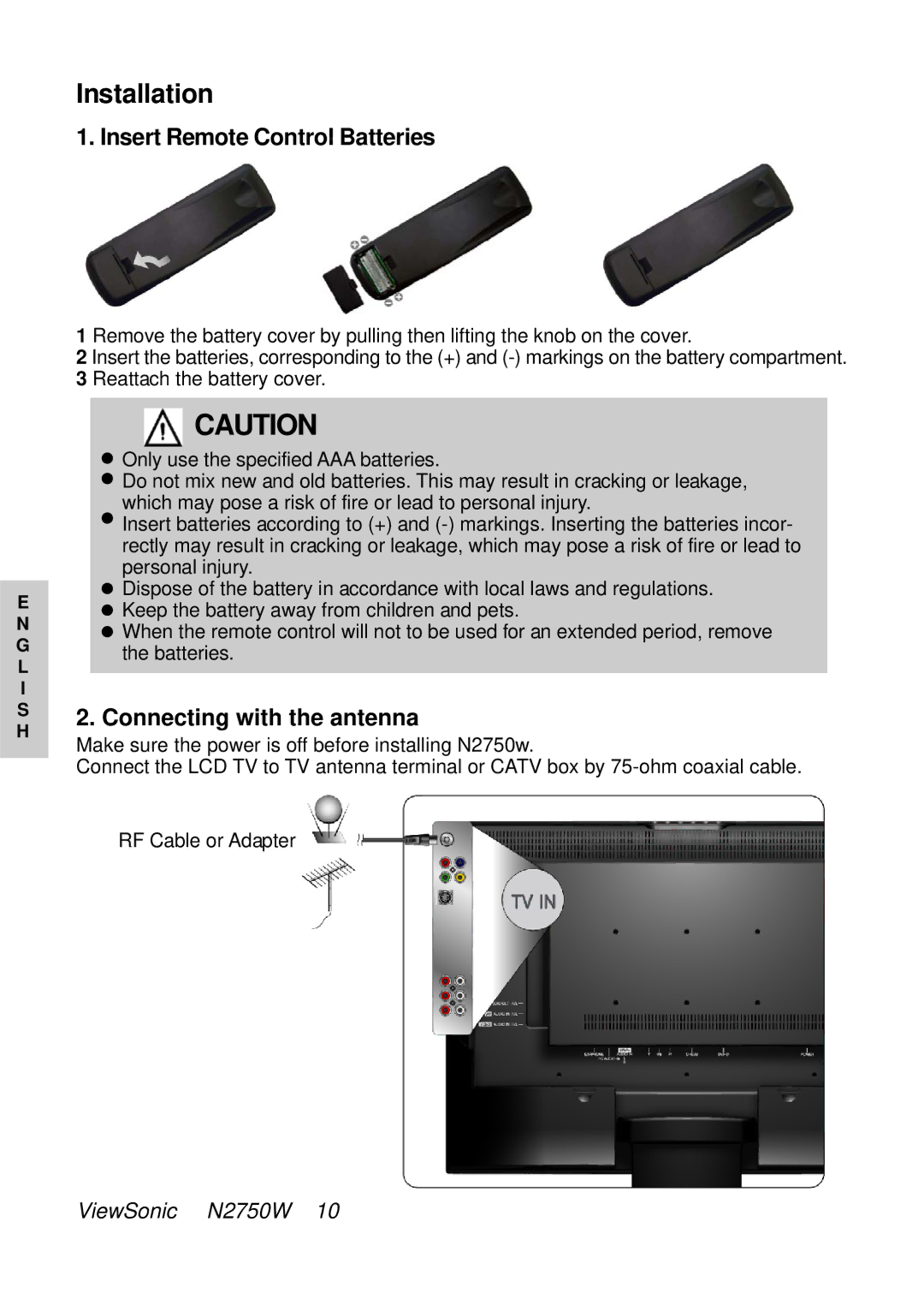 ViewSonic N2750W manual Installation, Insert Remote Control Batteries, Connecting with the antenna 