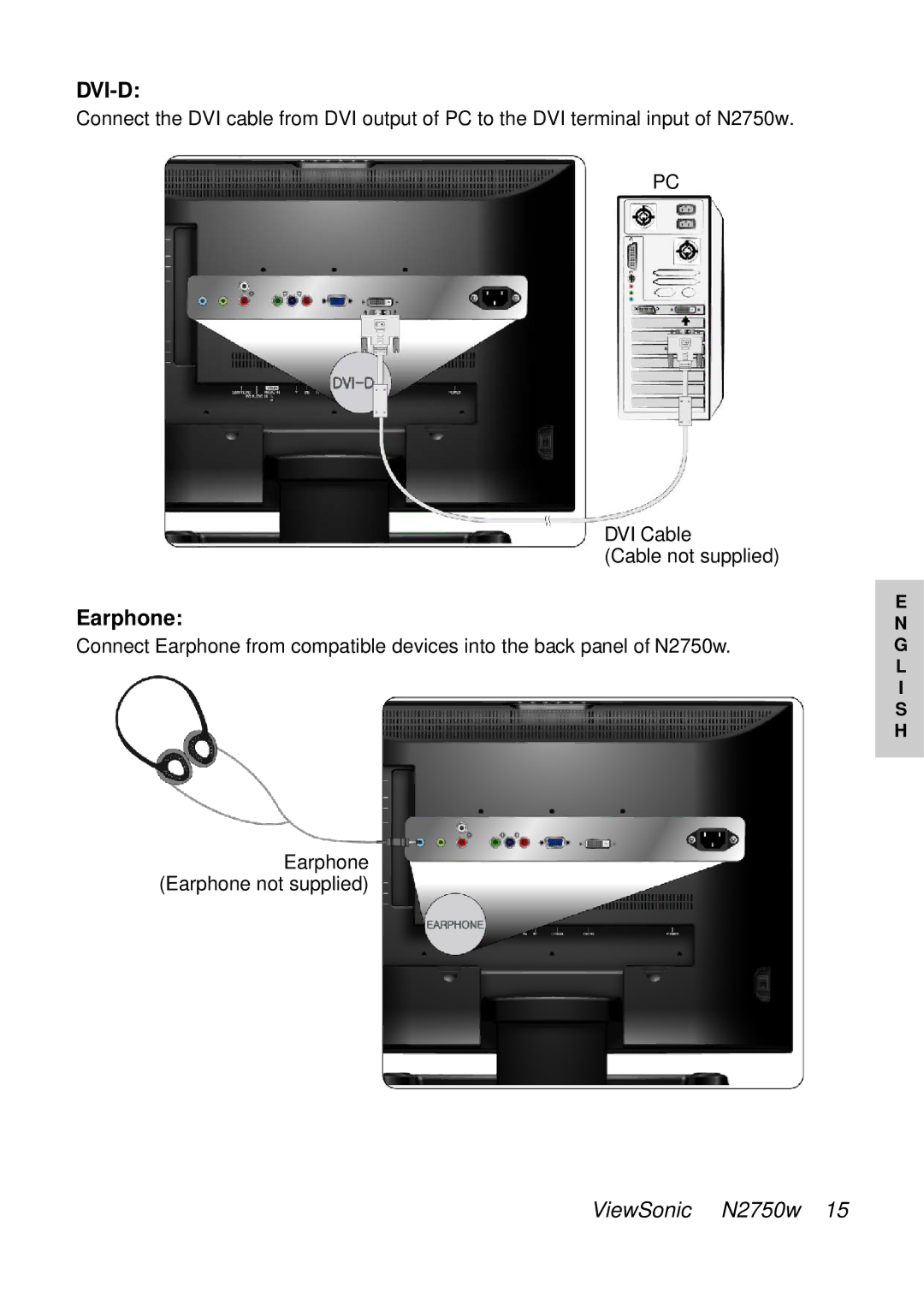 ViewSonic N2750W manual Dvi-D, Earphone 