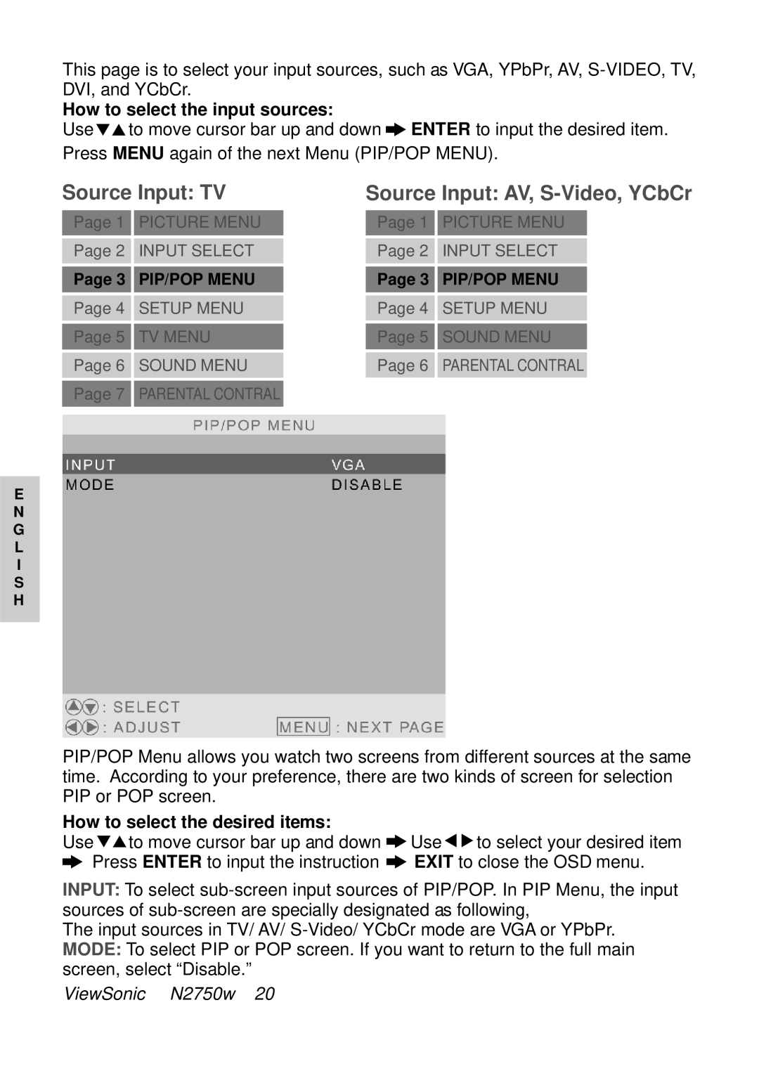 ViewSonic N2750W manual How to select the input sources, How to select the desired items 