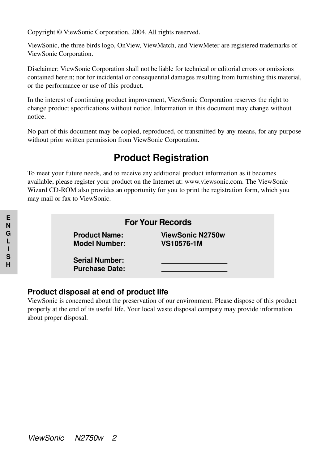 ViewSonic N2750W manual Product Registration, For Your Records, Product disposal at end of product life 