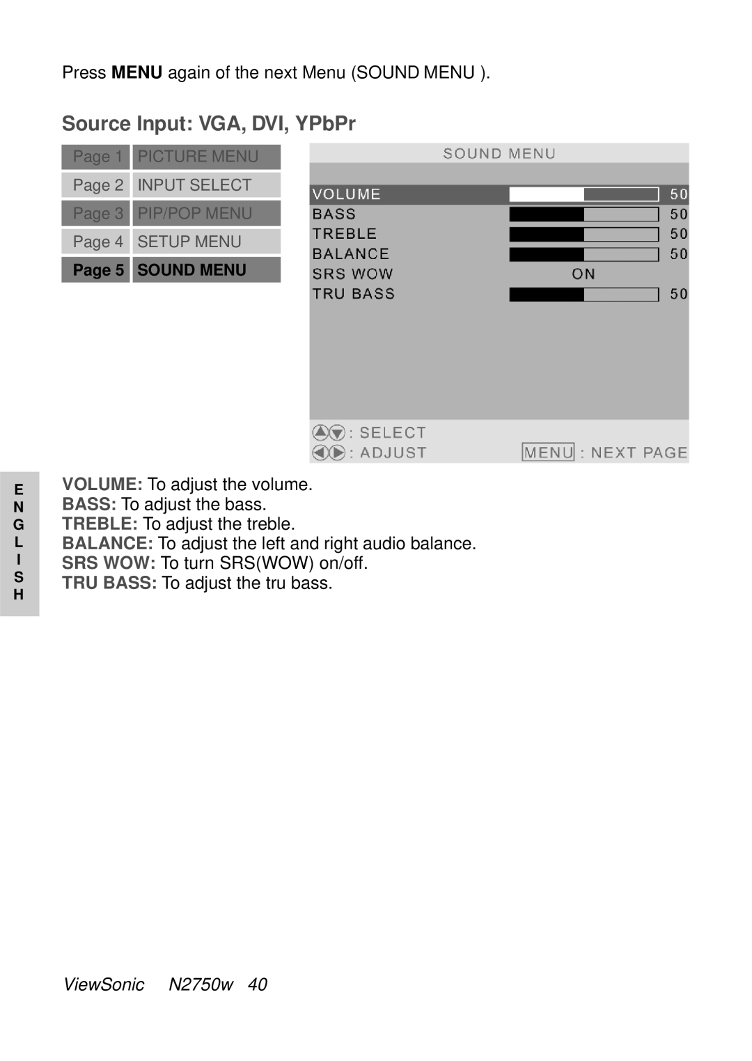ViewSonic N2750W manual Sound Menu 