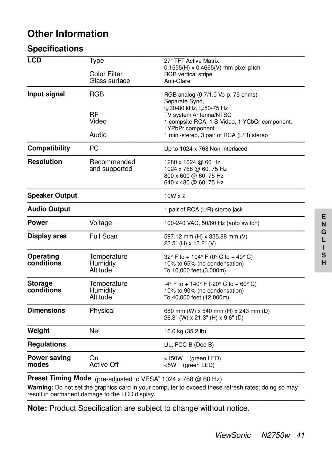 ViewSonic N2750W manual Specifications, Lcd 