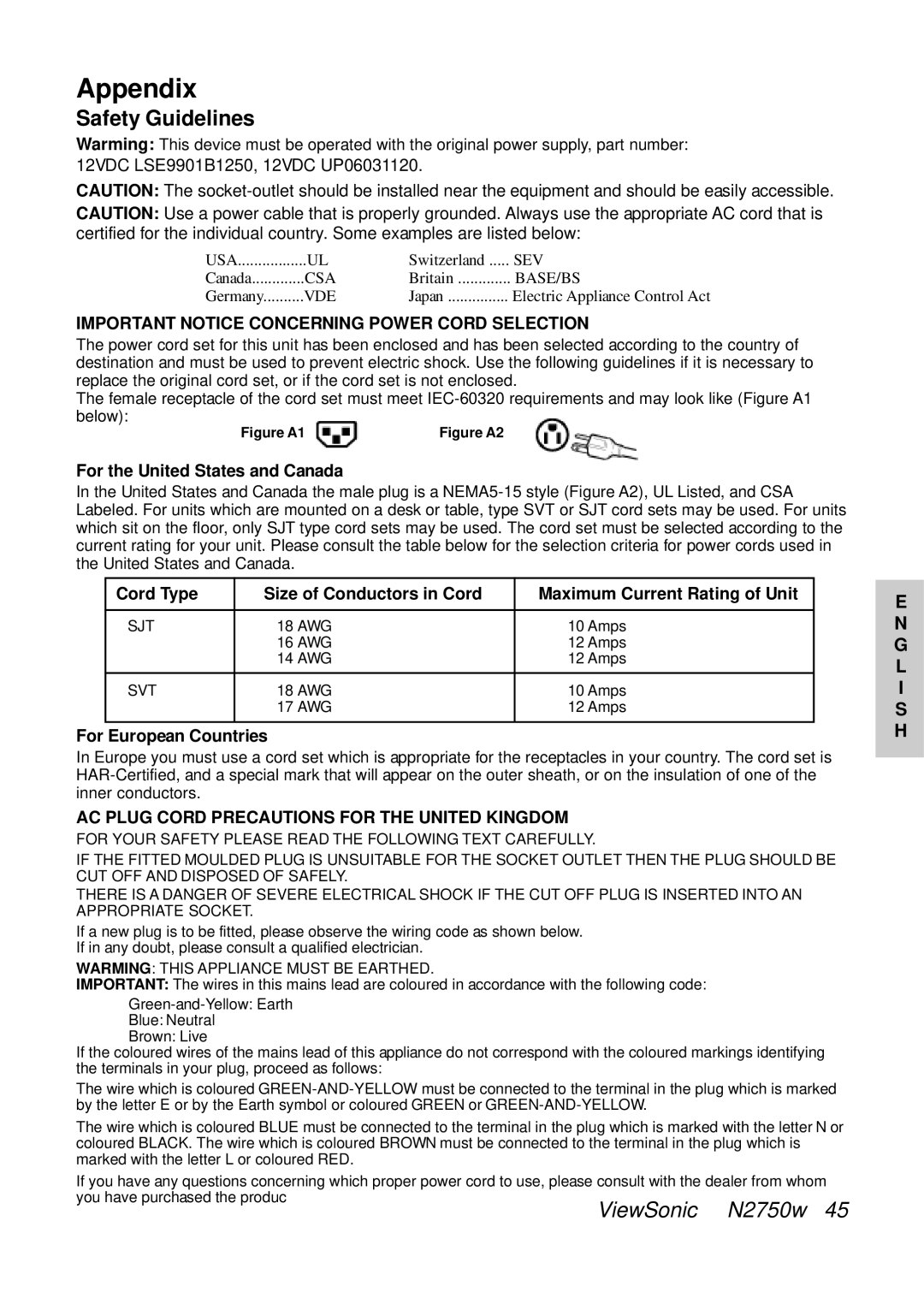 ViewSonic N2750W manual Safety Guidelines, Important Notice Concerning Power Cord Selection 