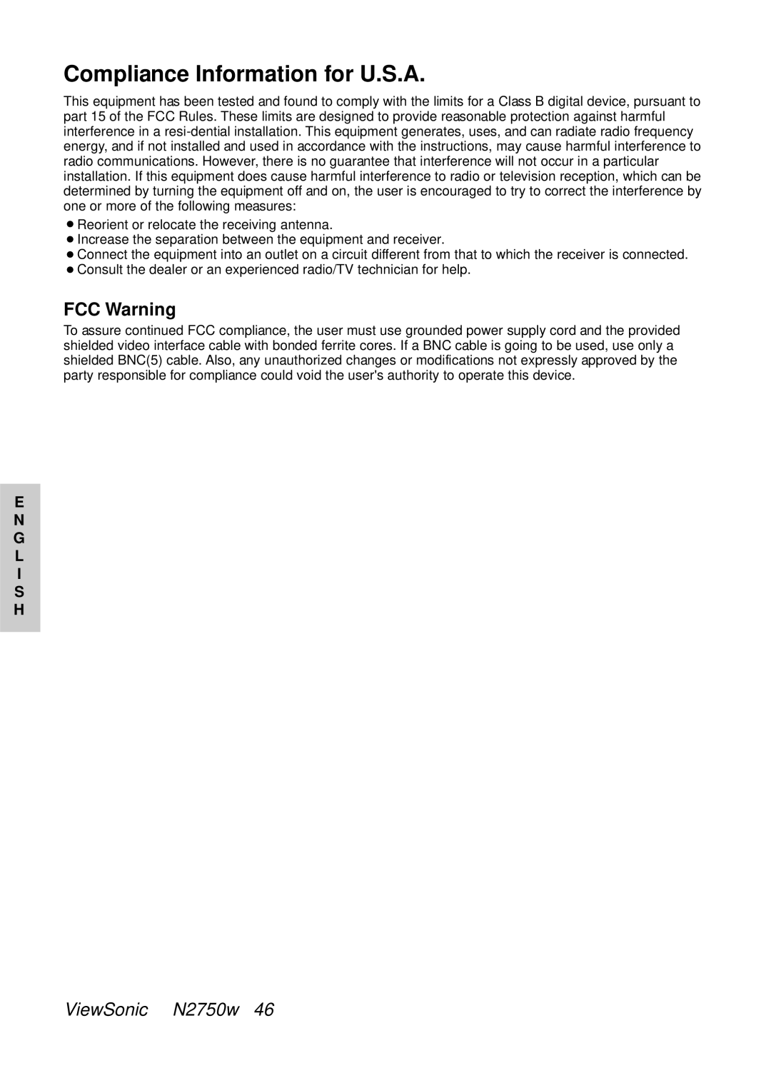 ViewSonic N2750W manual Compliance Information for U.S.A, FCC Warning 