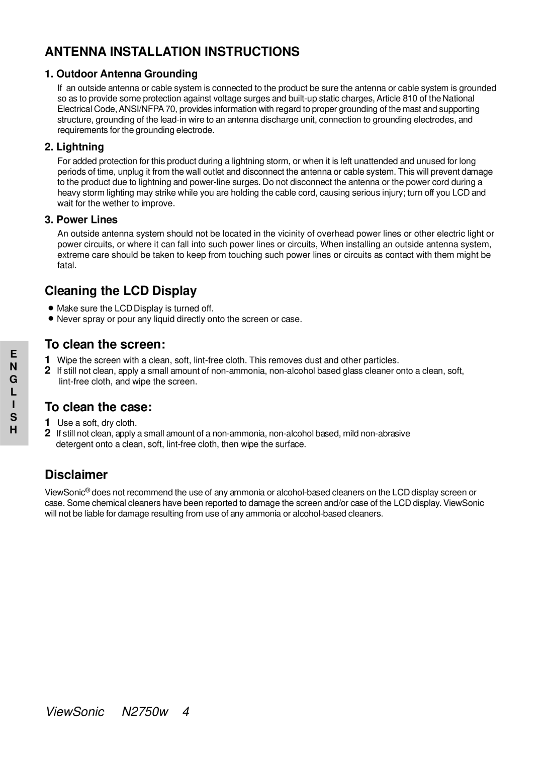 ViewSonic N2750W manual Cleaning the LCD Display, To clean the screen, To clean the case, Disclaimer 