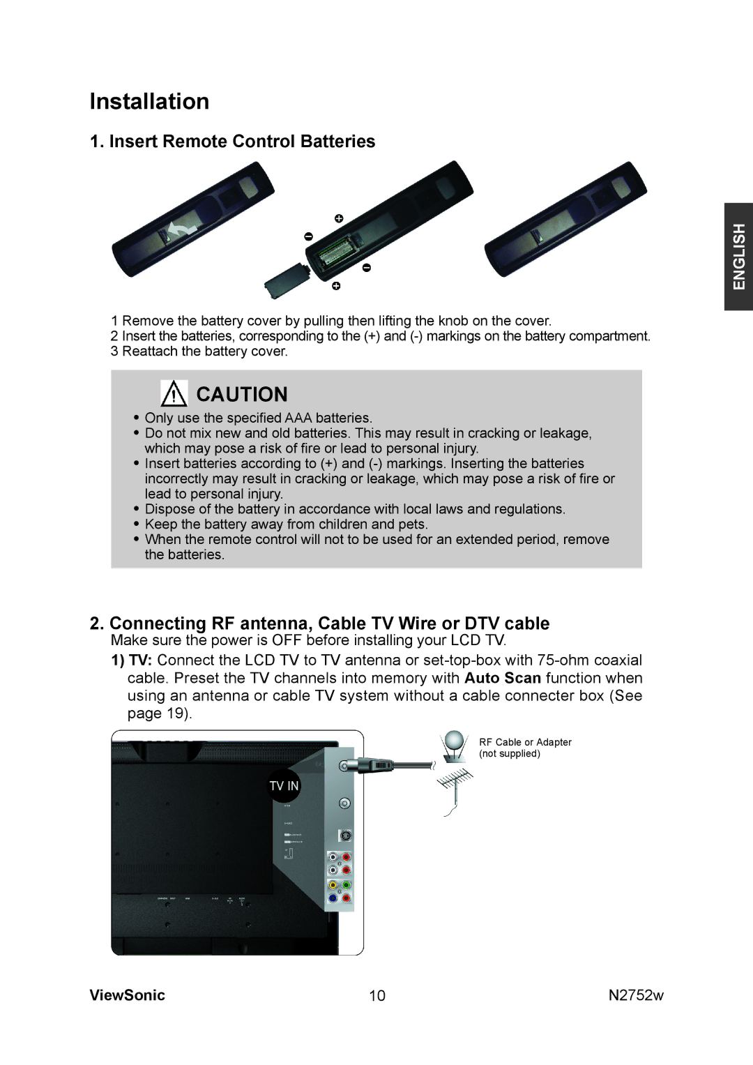 ViewSonic N2752w manual Installation, Insert Remote Control Batteries, Connecting RF antenna, Cable TV Wire or DTV cable 