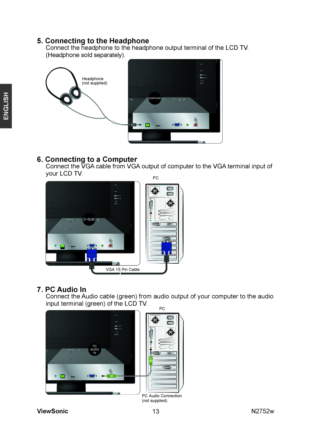 ViewSonic vs11257-1m, N2752w manual Connecting to the Headphone, Connecting to a Computer, PC Audio 