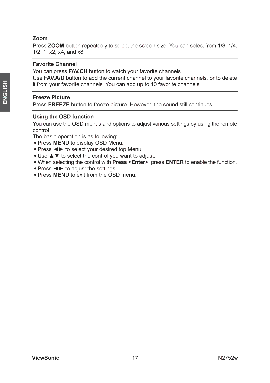 ViewSonic vs11257-1m, N2752w manual Zoom, Favorite Channel, Freeze Picture, Using the OSD function 