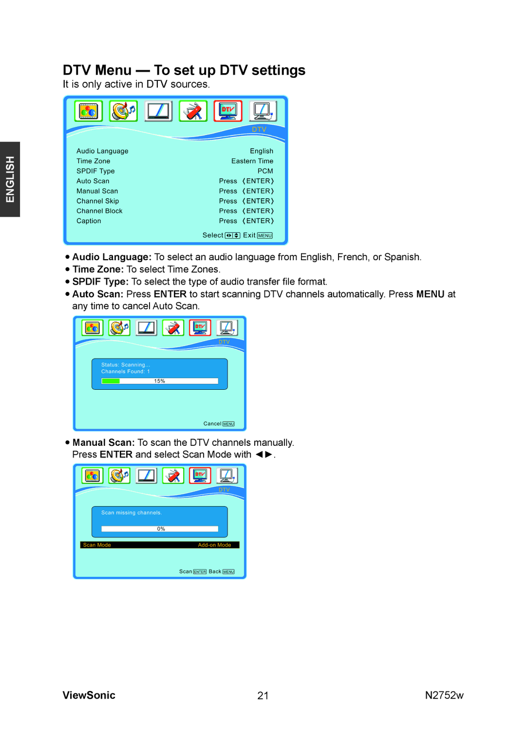 ViewSonic vs11257-1m, N2752w manual DTV Menu To set up DTV settings 