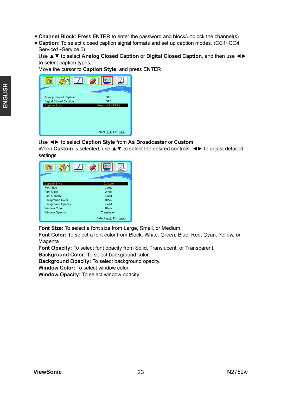 ViewSonic vs11257-1m, N2752w manual Use to select Caption Style from As Broadcaster or Custom 