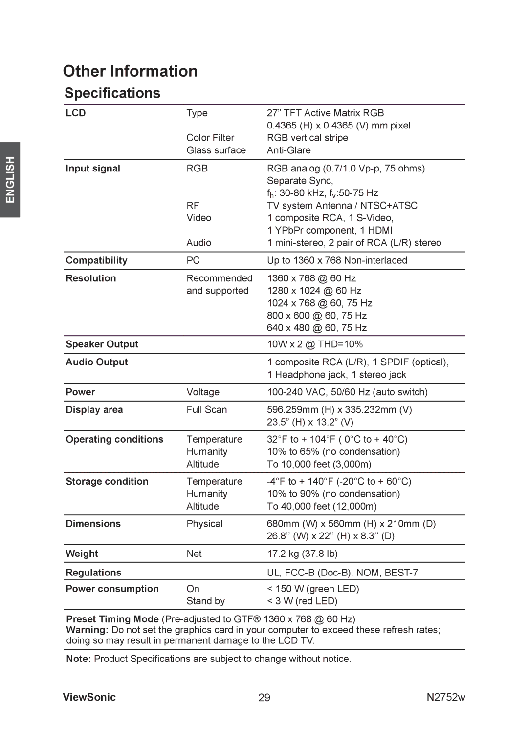 ViewSonic vs11257-1m, N2752w manual Speciﬁcations, Lcd 