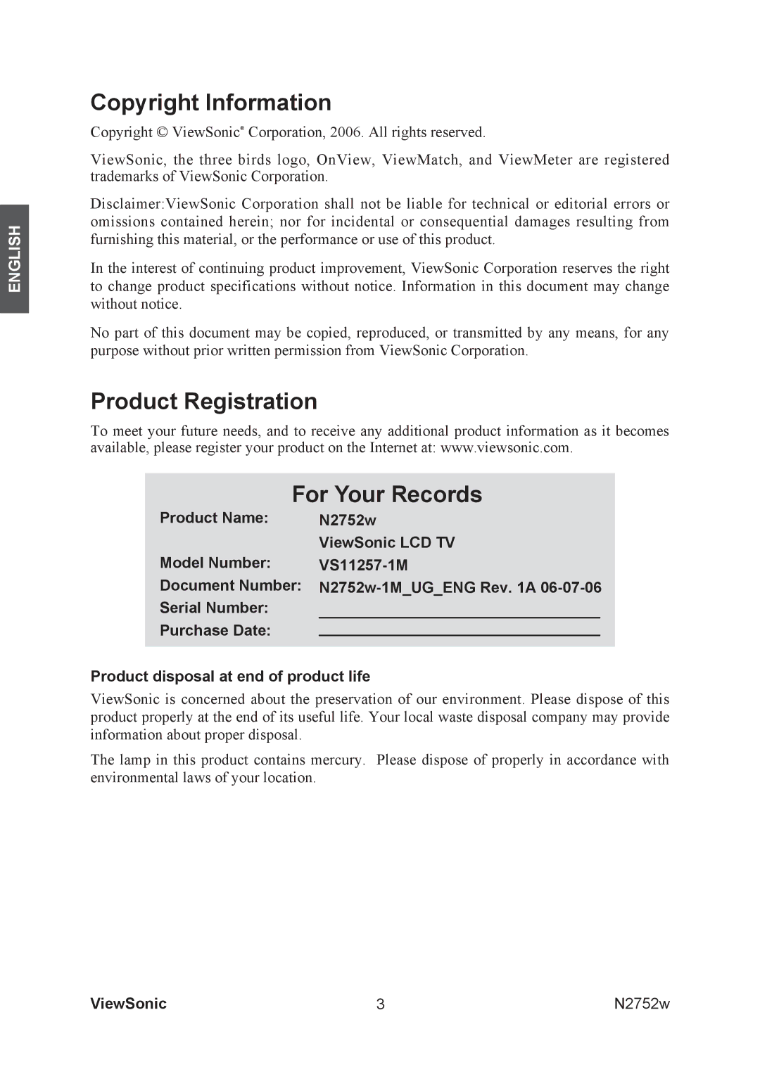 ViewSonic vs11257-1m, N2752w manual Copyright Information, Product Registration For Your Records 