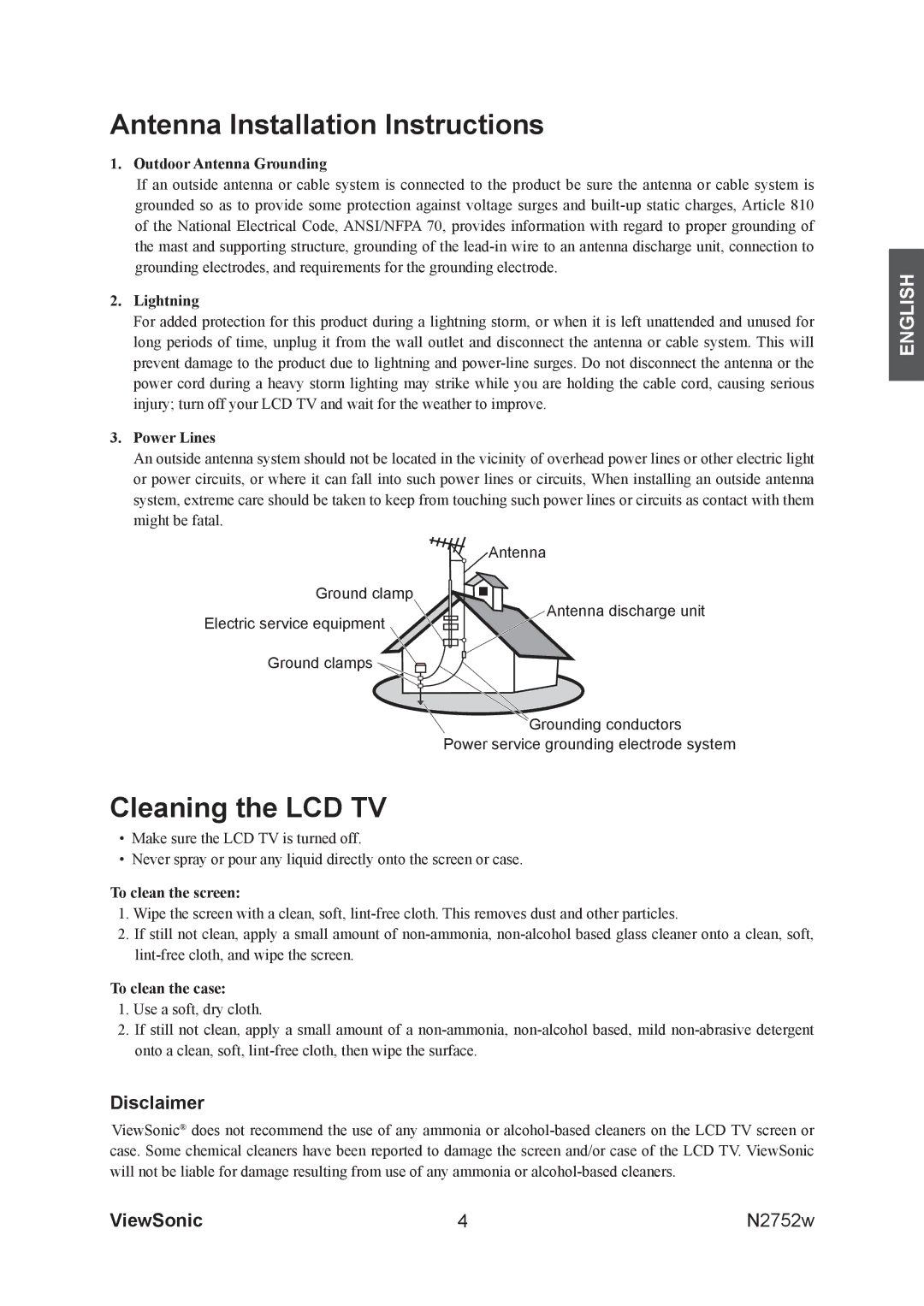 ViewSonic N2752w, vs11257-1m manual Antenna Installation Instructions, Cleaning the LCD TV, Disclaimer 