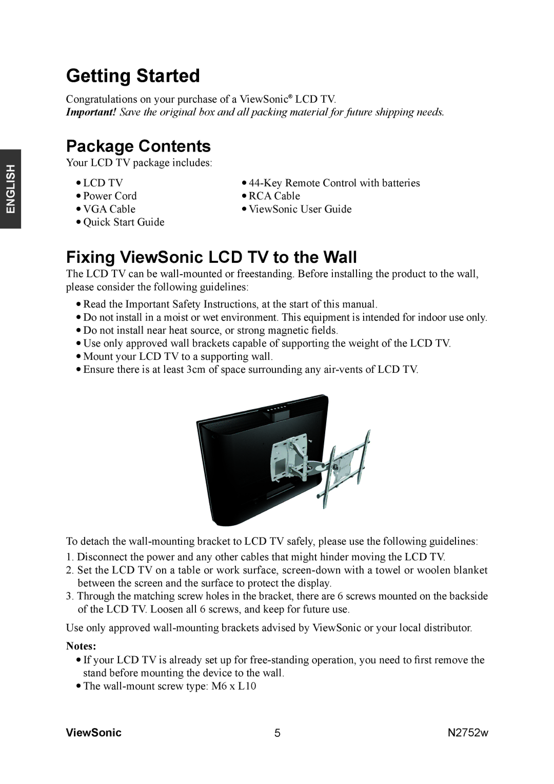 ViewSonic vs11257-1m, N2752w manual Package Contents, Fixing ViewSonic LCD TV to the Wall 