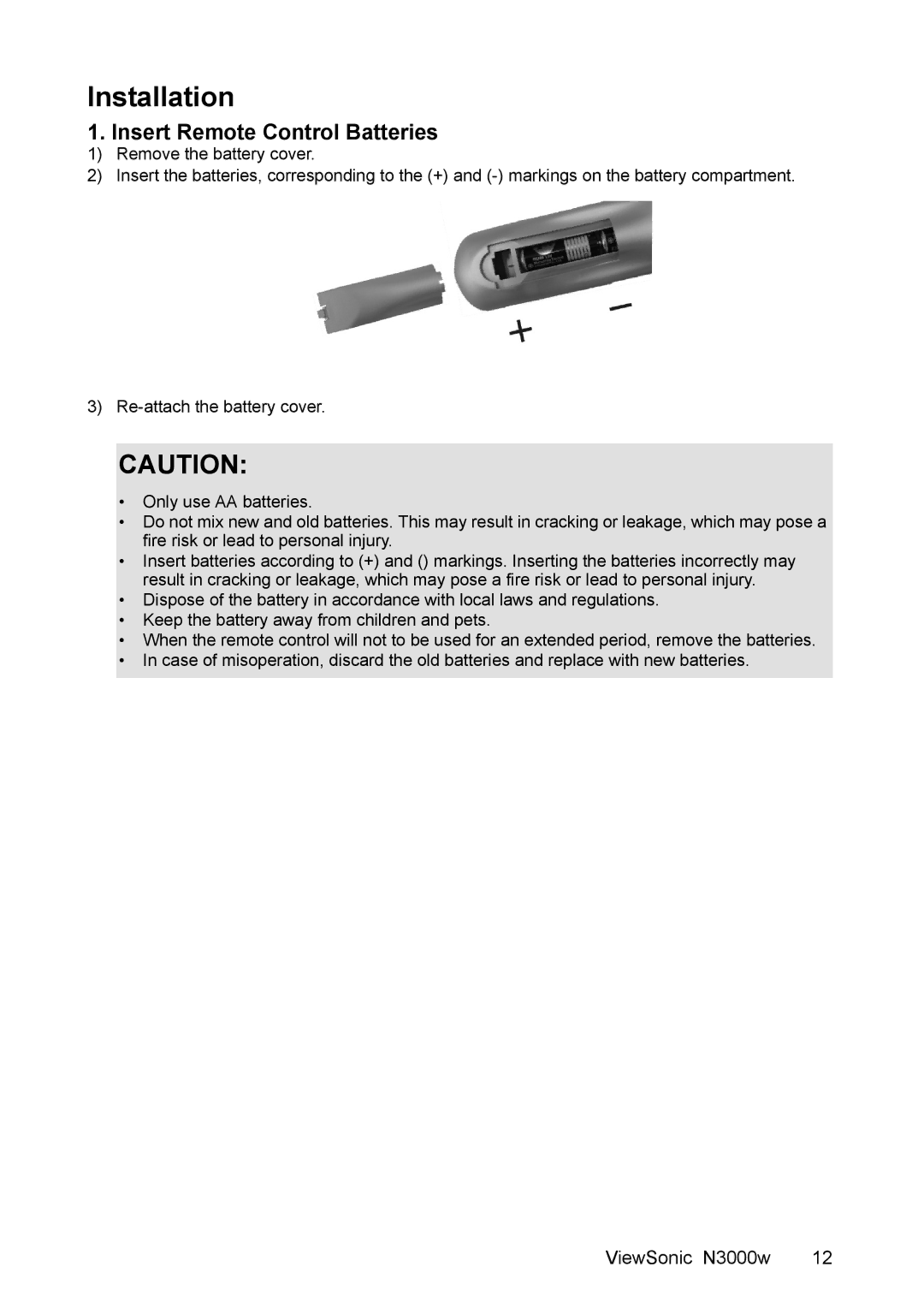 ViewSonic N3000w manual Installation, Insert Remote Control Batteries 