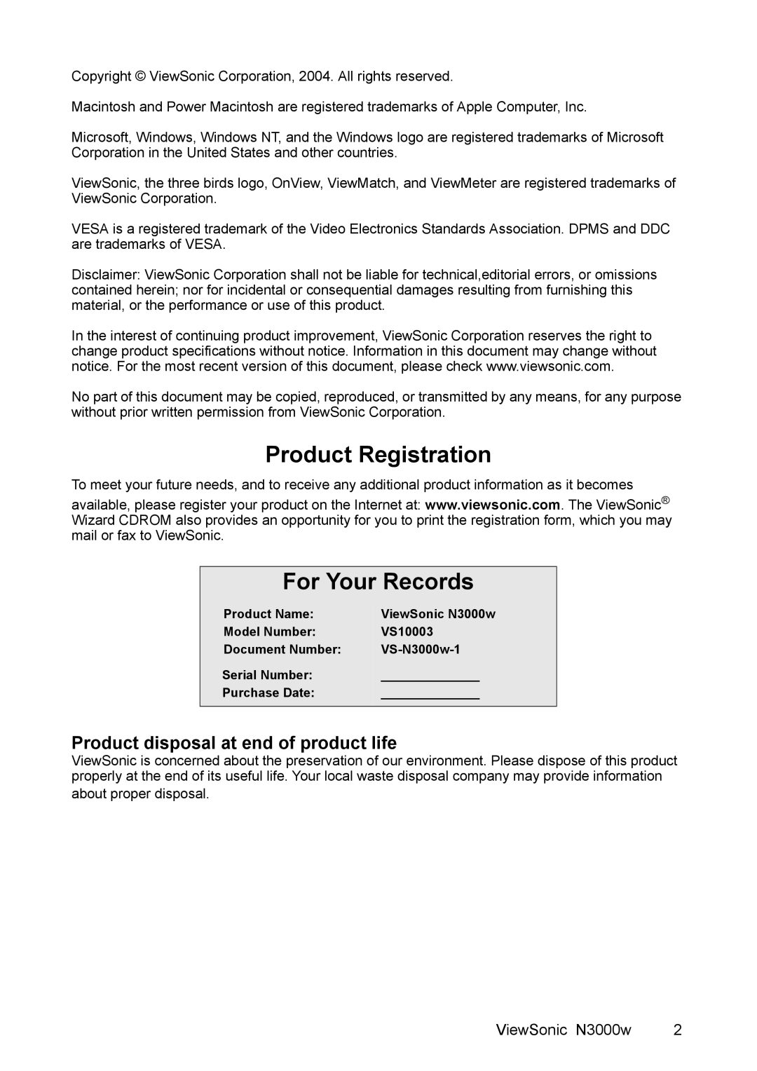 ViewSonic N3000w manual Product Registration, For Your Records, Product disposal at end of product life 