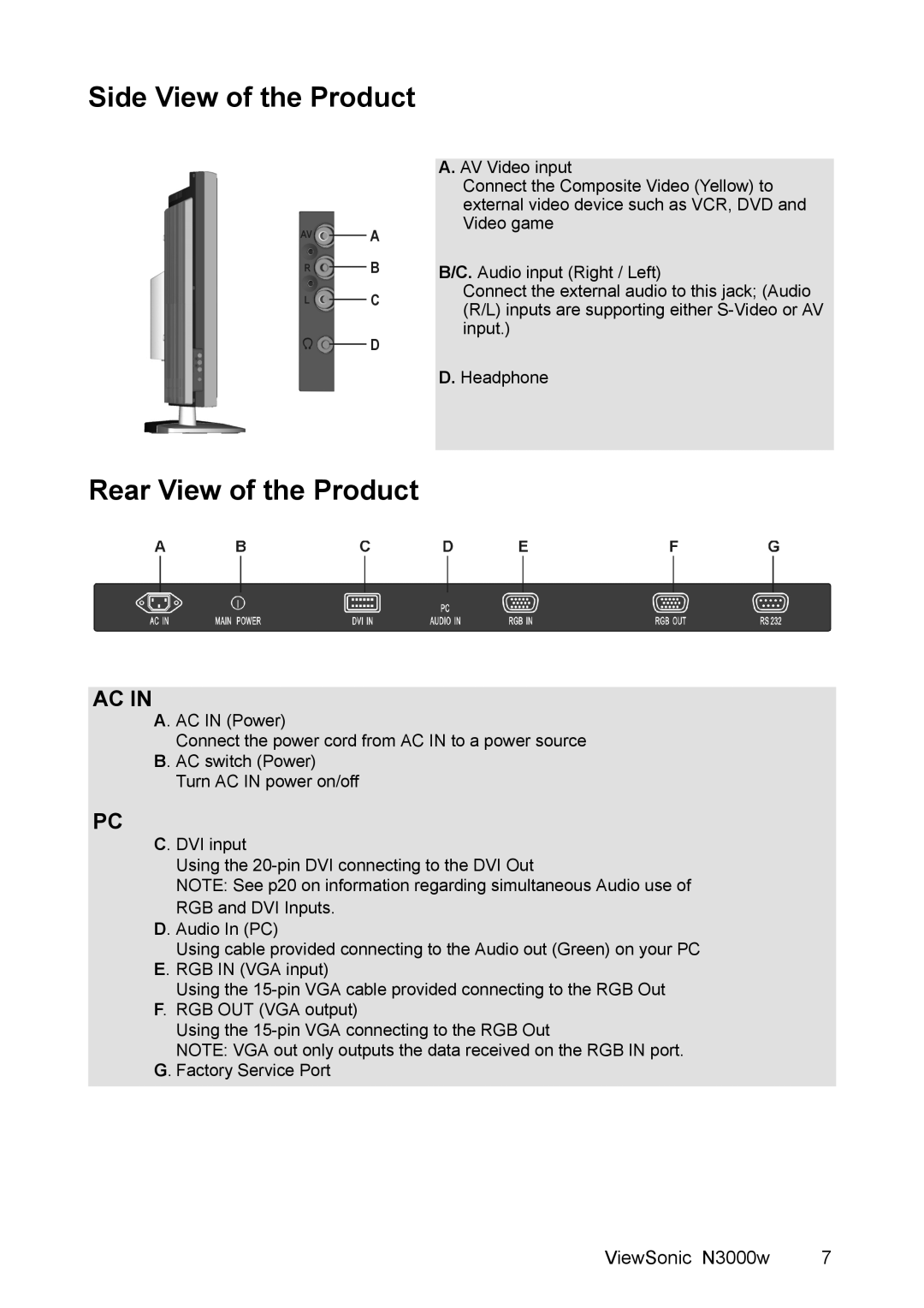 ViewSonic N3000w manual Side View of the Product, Rear View of the Product 