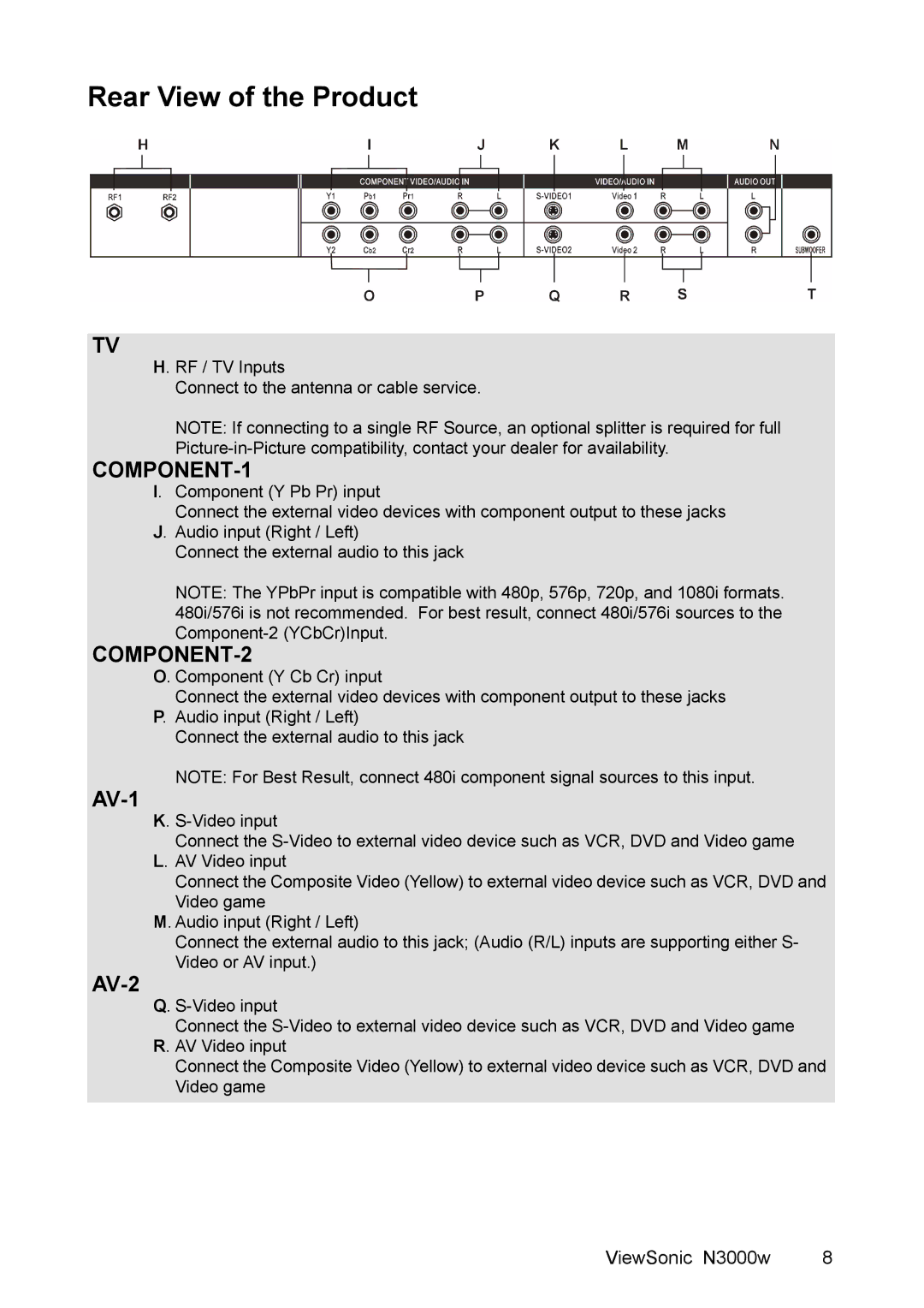 ViewSonic N3000w manual COMPONENT-1, COMPONENT-2, AV-1, AV-2 