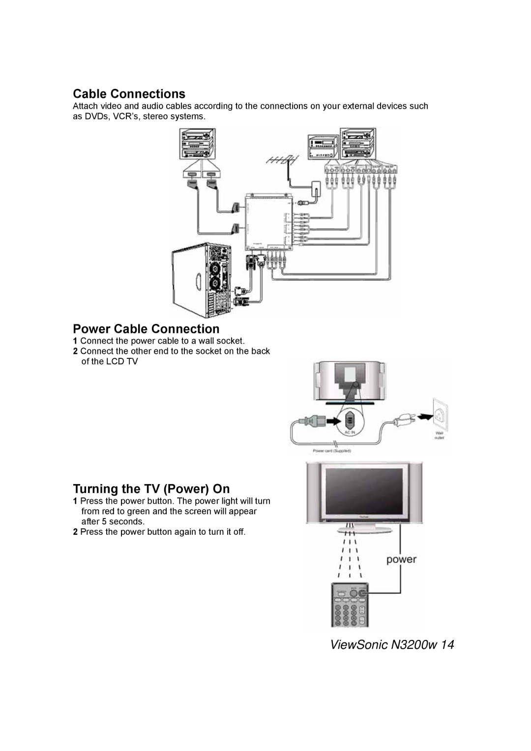 ViewSonic N3200w manual Cable Connections, Power Cable Connection, Turning the TV Power On 