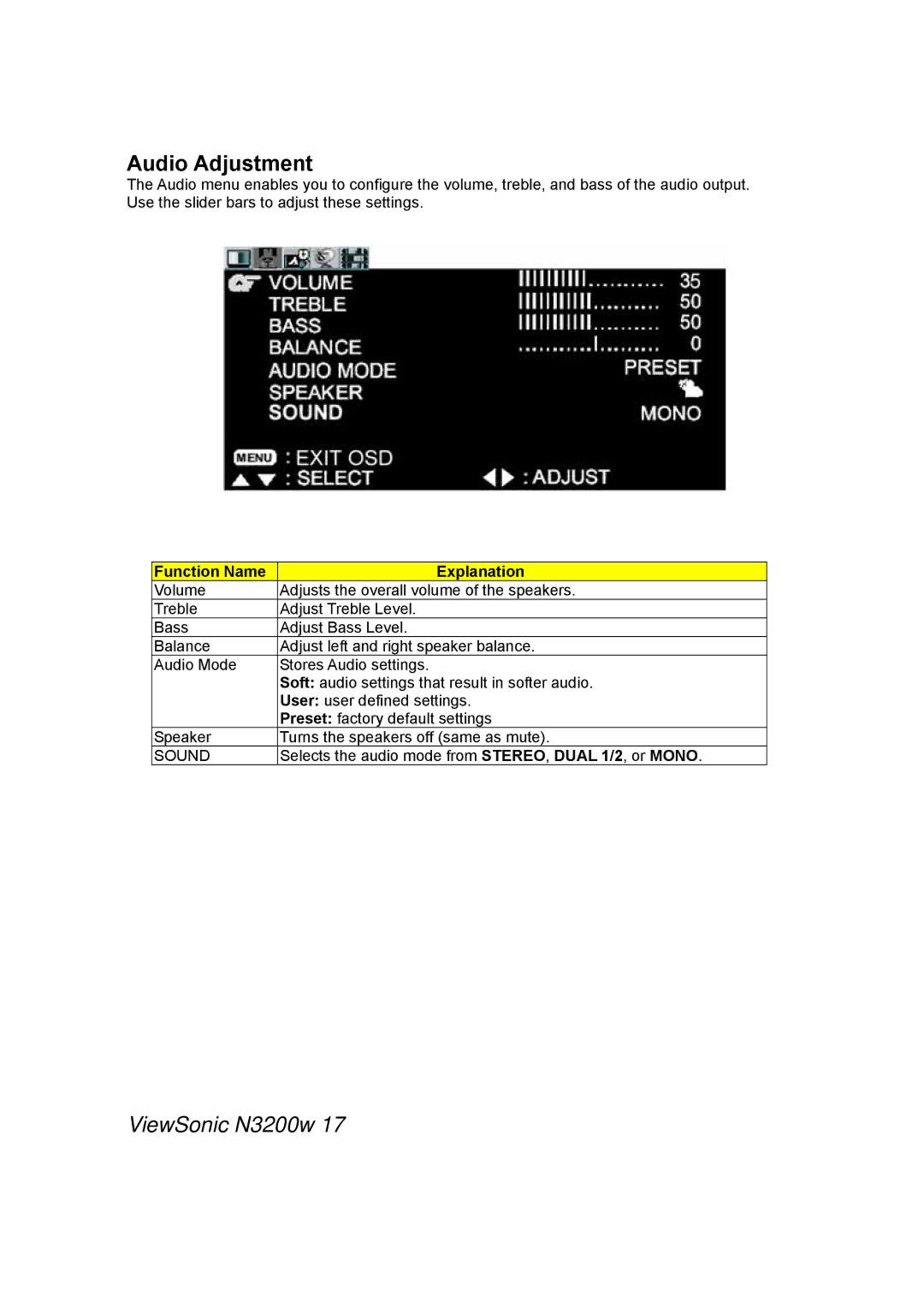 ViewSonic N3200w manual Audio Adjustment 