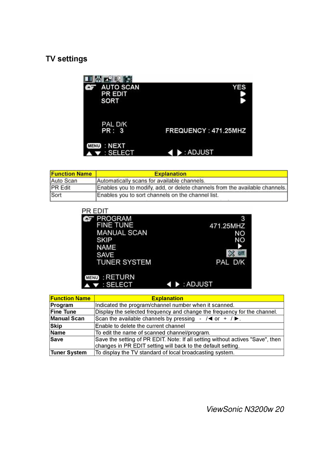 ViewSonic N3200w manual TV settings 