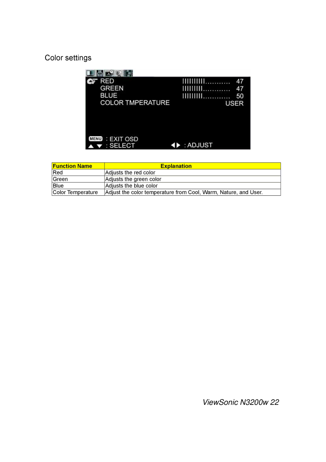 ViewSonic N3200w manual Color settings 