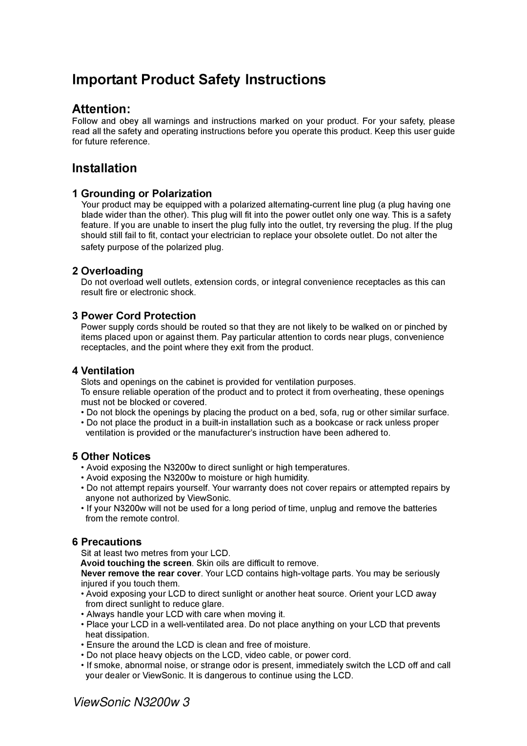 ViewSonic N3200w manual Important Product Safety Instructions, Installation 