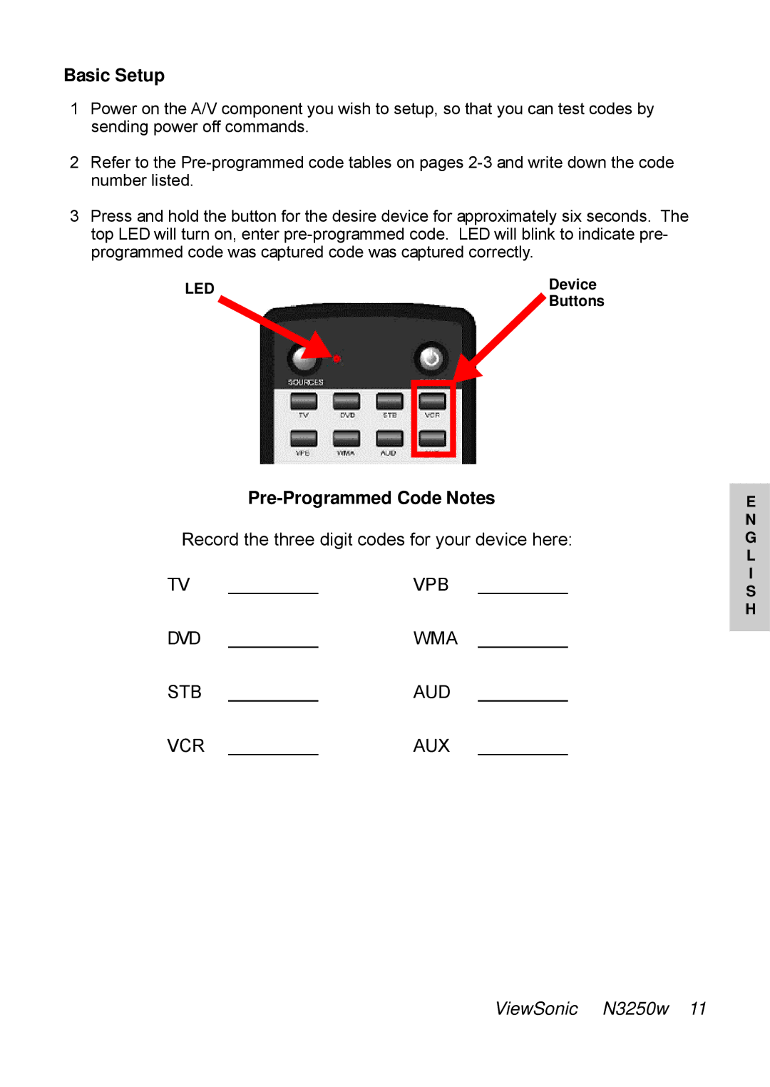 ViewSonic N3250w manual Basic Setup, Pre-Programmed Code Notes 