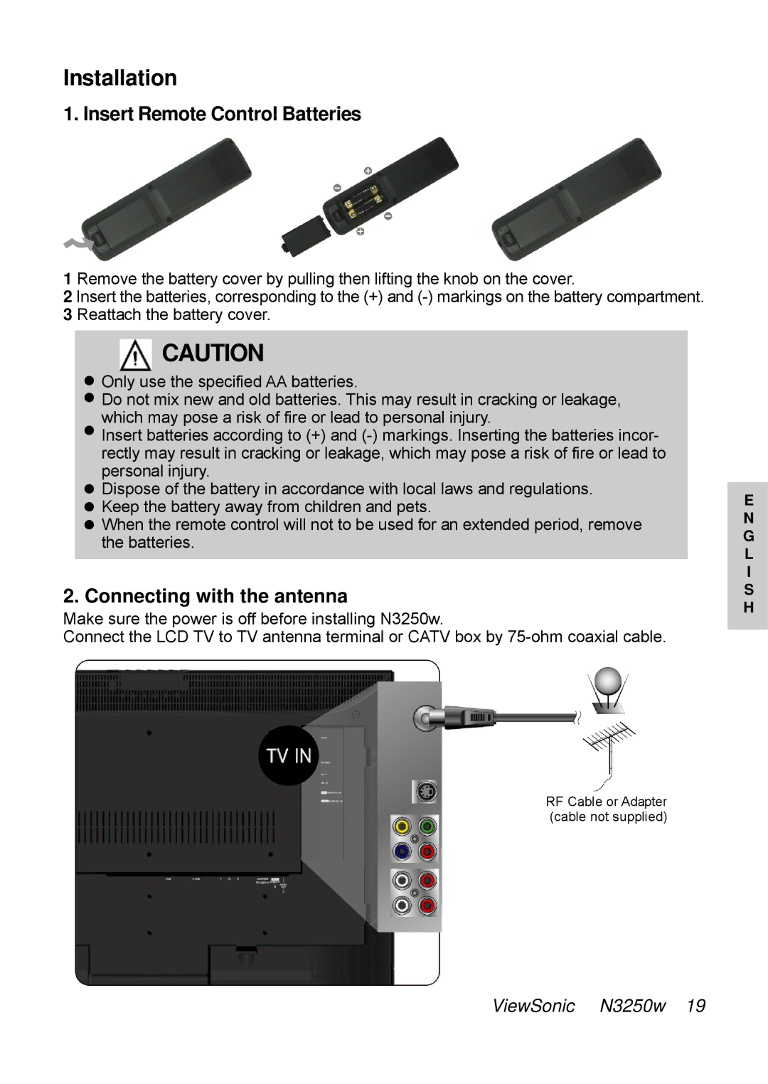 ViewSonic N3250w manual Installation, Insert Remote Control Batteries, Connecting with the antenna 