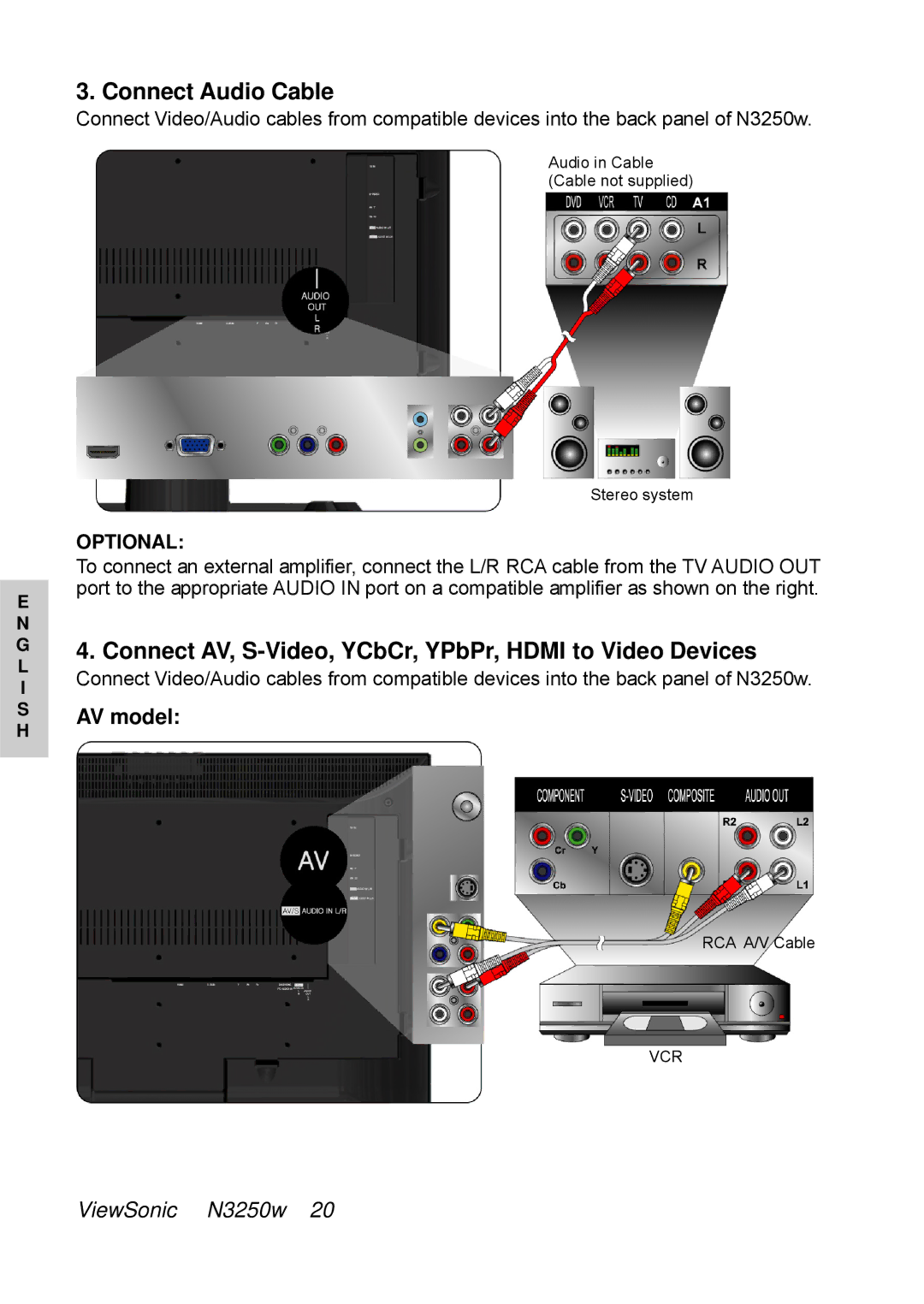 ViewSonic N3250w manual Connect Audio Cable, Connect AV, S-Video, YCbCr, YPbPr, Hdmi to Video Devices, AV model 