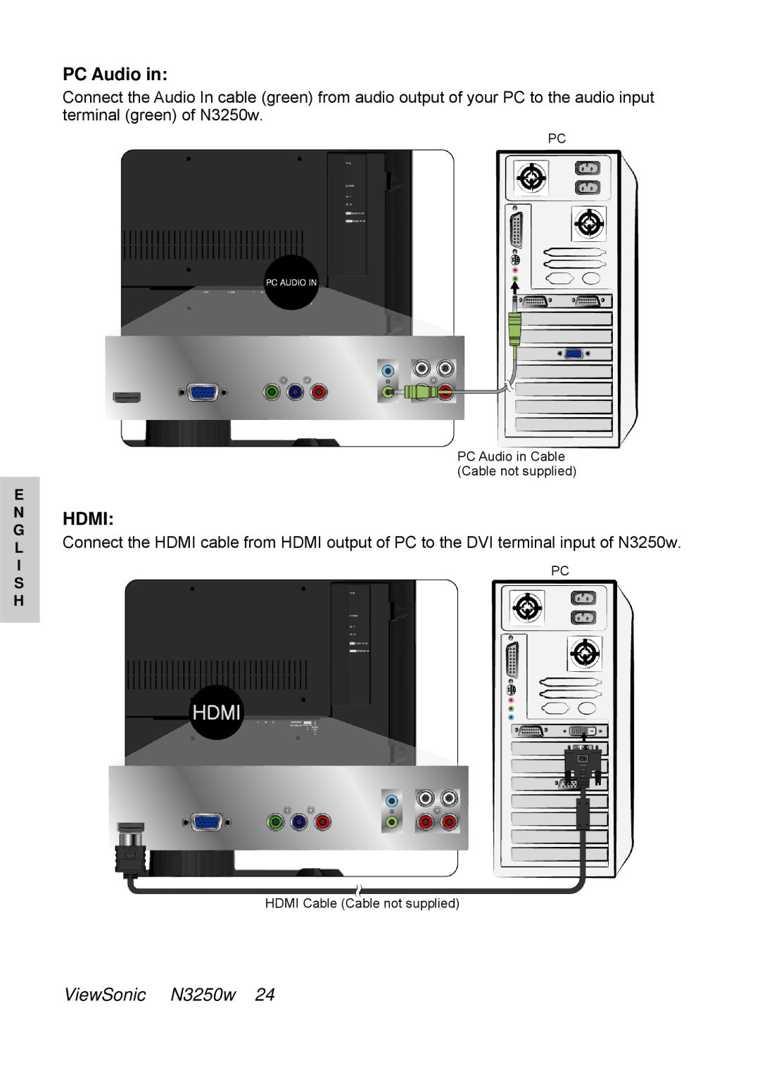 ViewSonic N3250w manual PC Audio, Hdmi 