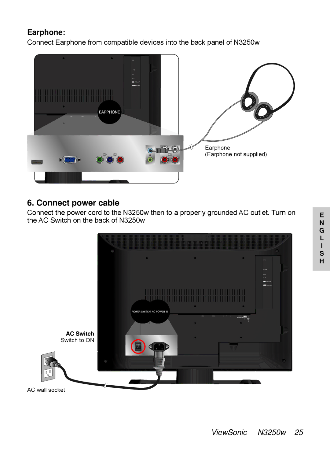 ViewSonic N3250w manual Connect power cable, Earphone 