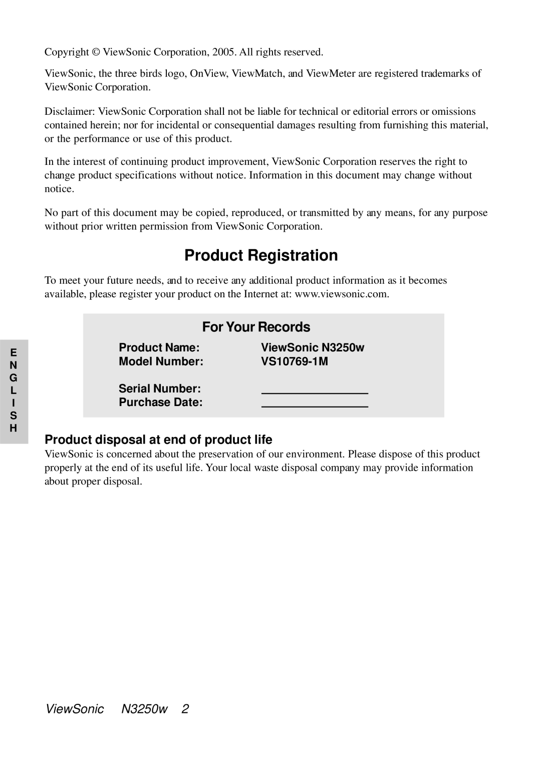 ViewSonic N3250w manual Product Registration, For Your Records, Product disposal at end of product life 