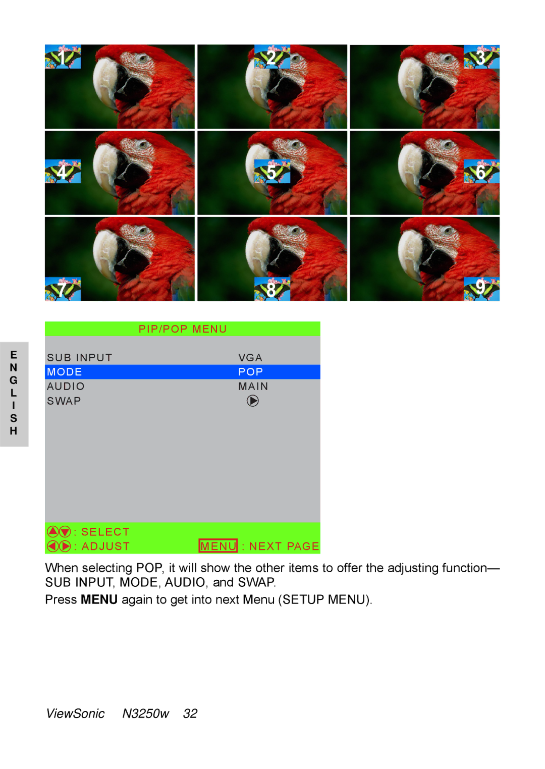 ViewSonic N3250w manual Mode POP 