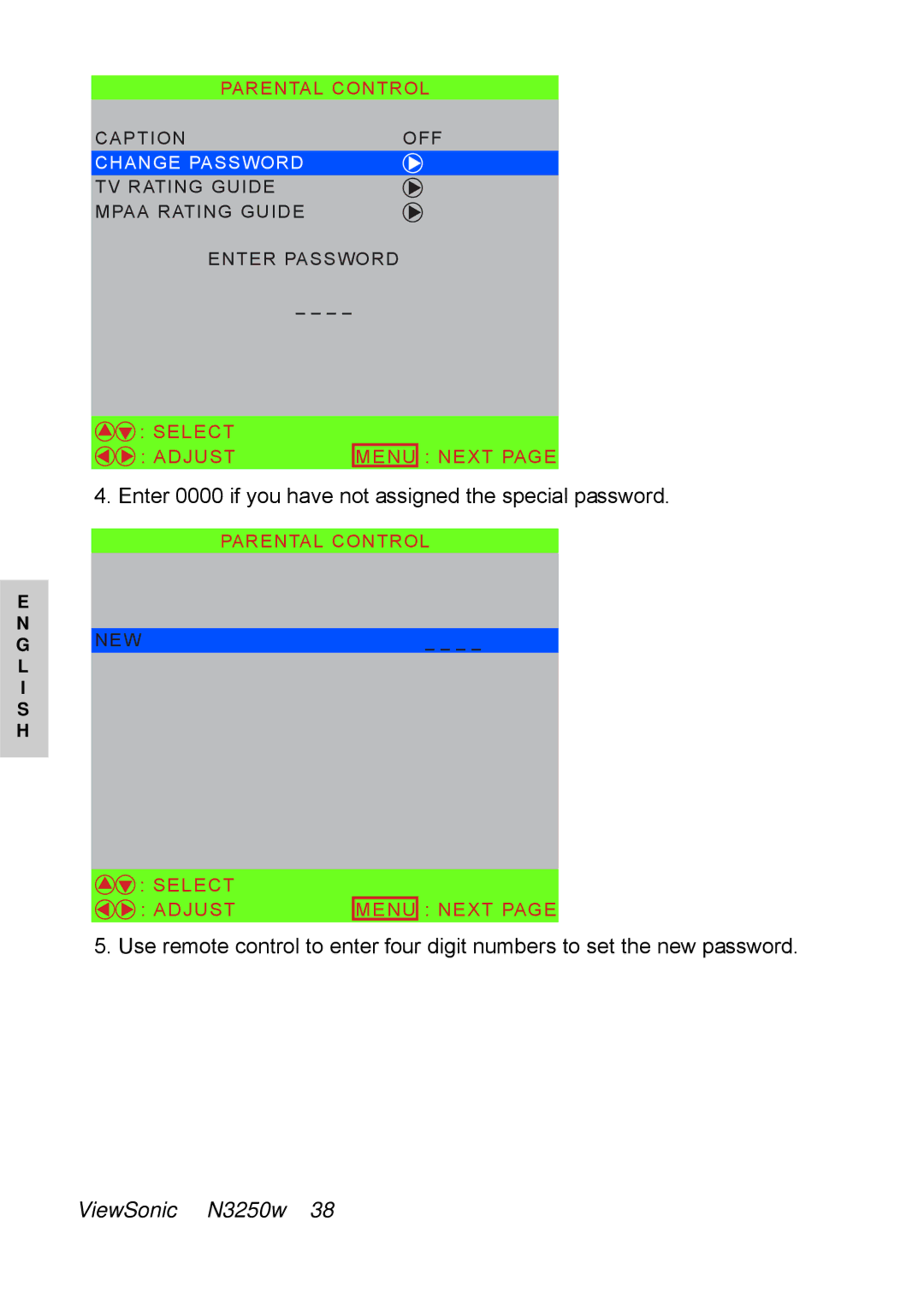 ViewSonic N3250w manual Enter 0000 if you have not assigned the special password 
