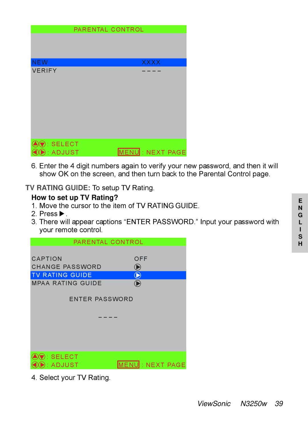 ViewSonic N3250w manual How to set up TV Rating? 