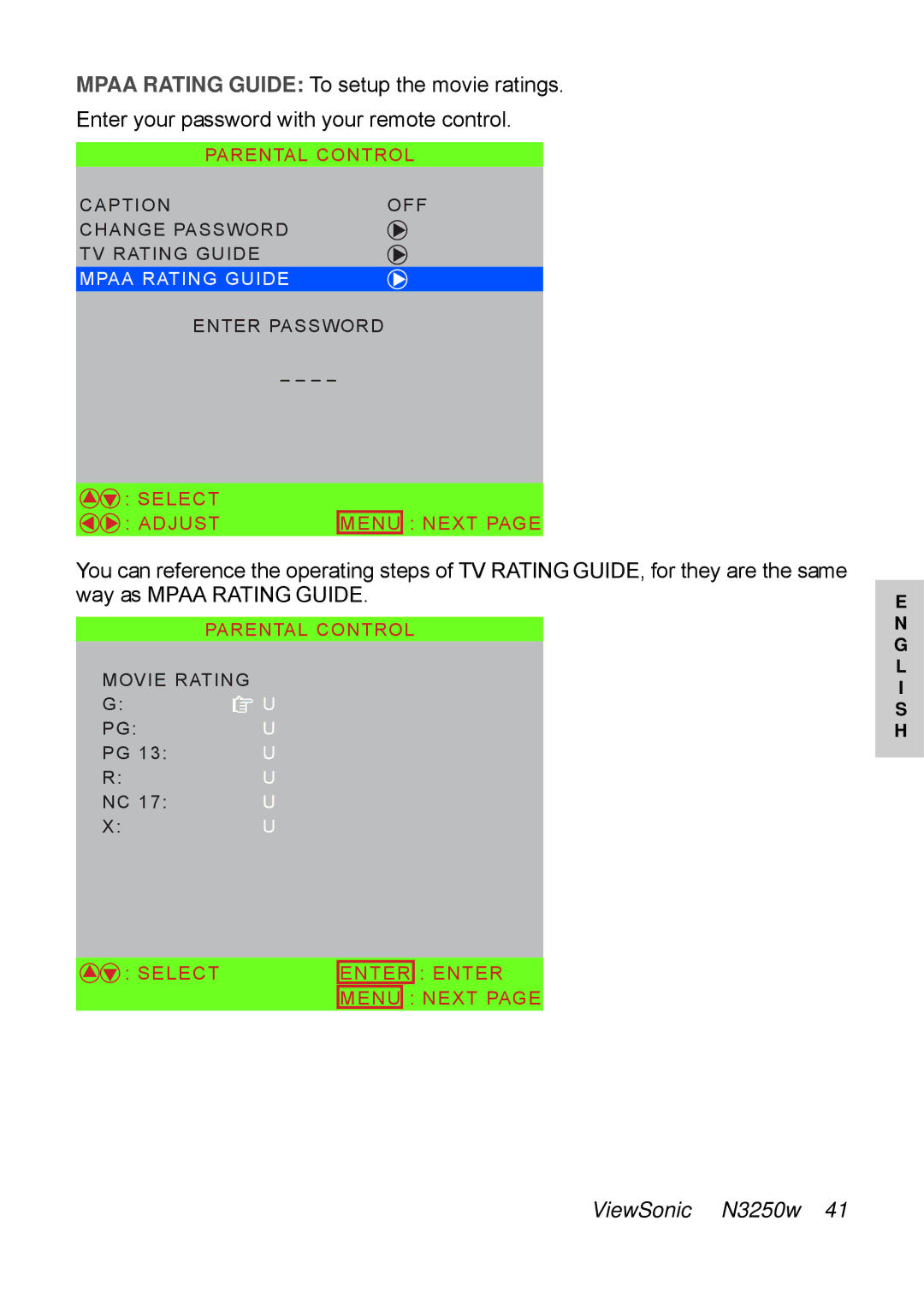 ViewSonic N3250w manual Mpaa Rating Guide 
