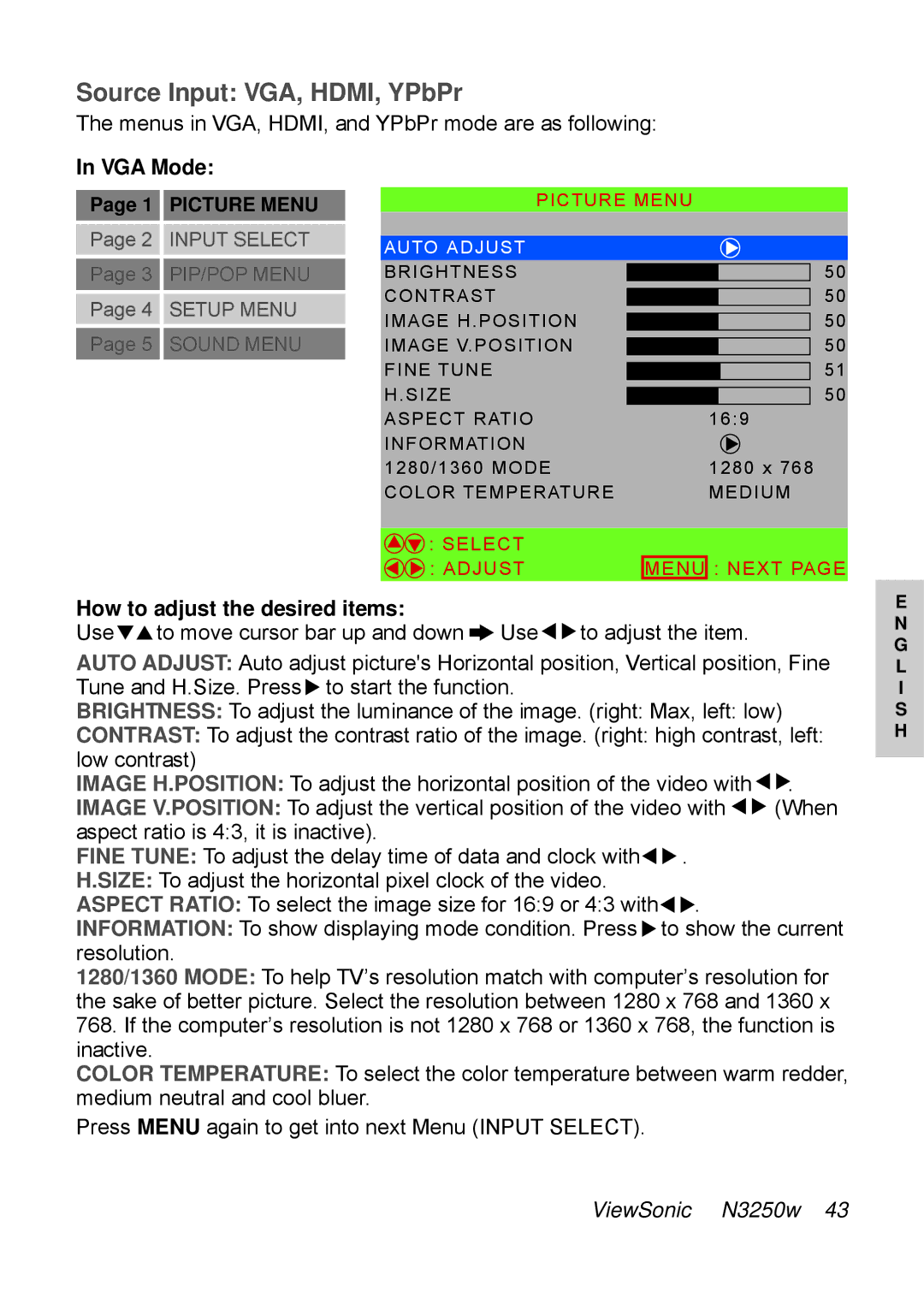 ViewSonic N3250w manual Source Input VGA, HDMI, YPbPr, VGA Mode 