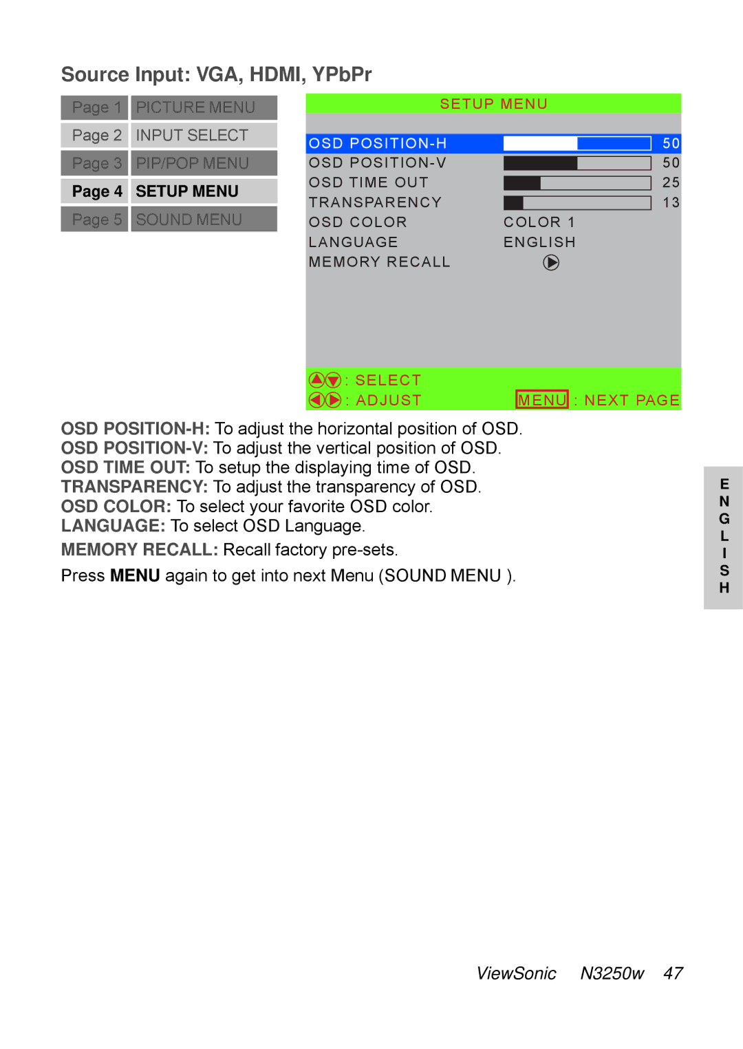 ViewSonic N3250w manual Setup Menu 