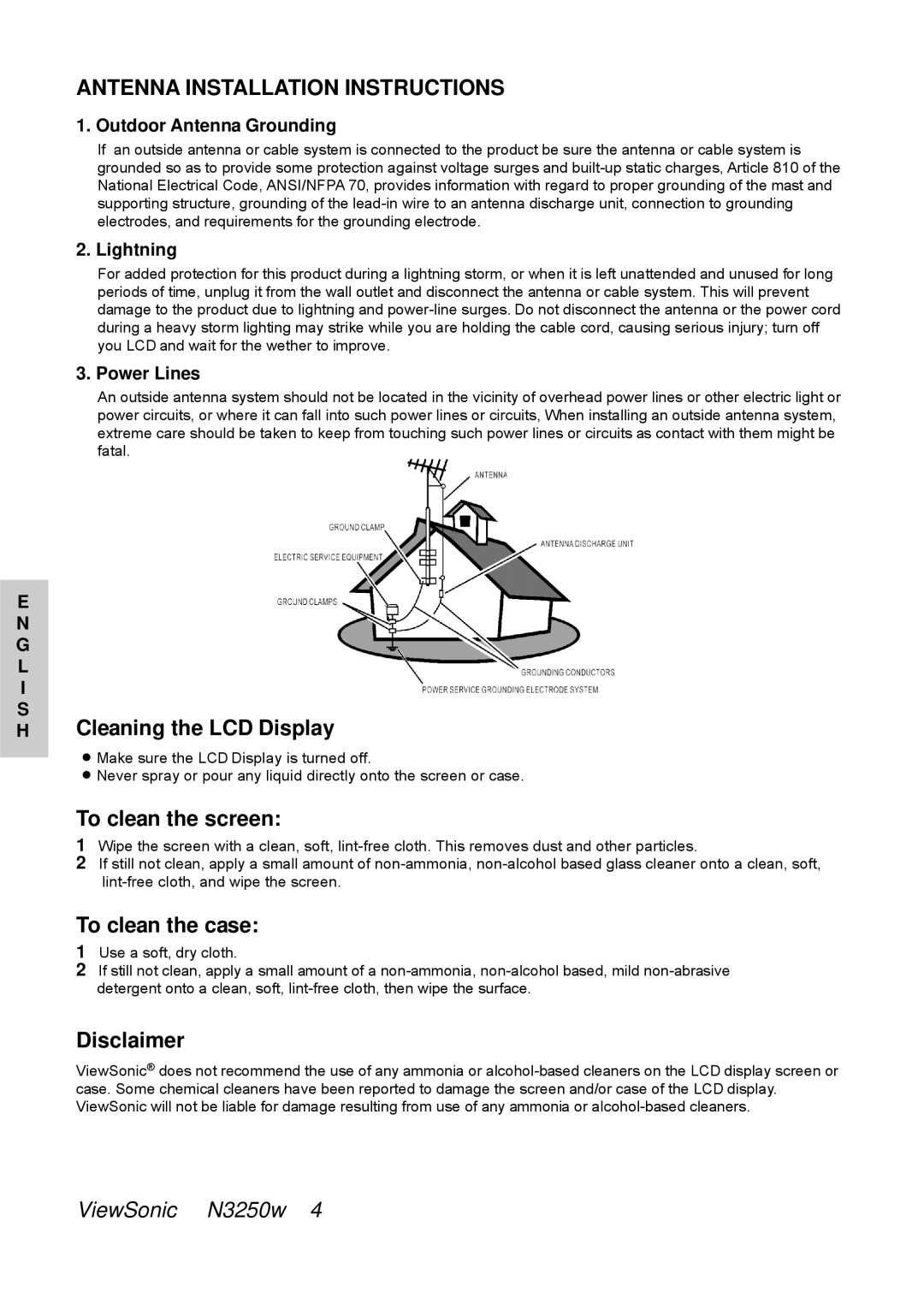 ViewSonic N3250w manual Cleaning the LCD Display, To clean the screen, To clean the case, Disclaimer 