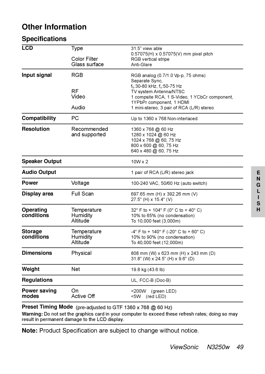 ViewSonic N3250w manual Specifications, Lcd 