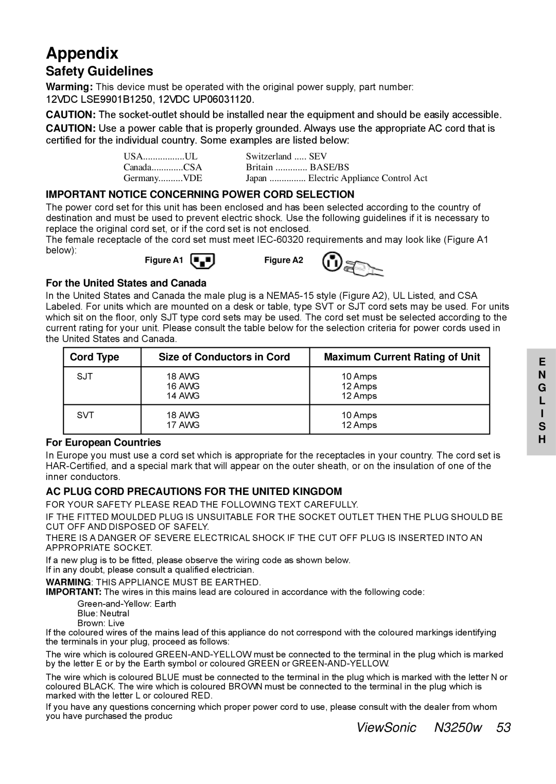 ViewSonic N3250w manual Safety Guidelines, Important Notice Concerning Power Cord Selection 